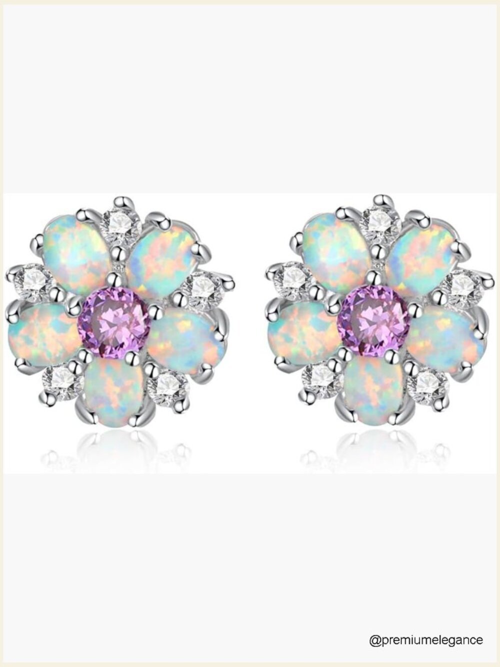Vintage Opal Flower Stud Earrings | White Fire Opal & Purple Topaz | Gift for
